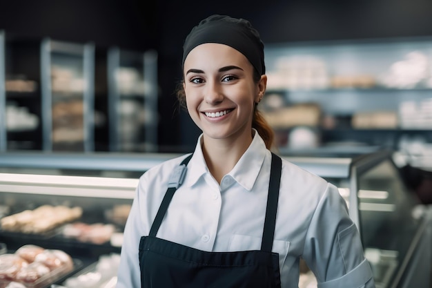 Foto sonriente joven trabajadora de supermercado