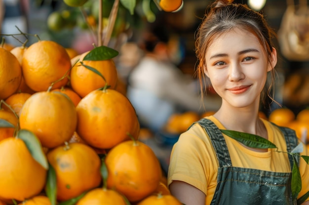 Sonriente joven vendedora en delantal de pie junto a frutas de naranja frescas en el mercado local con borroso