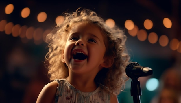 Sonriente linda chica caucásica cantando en el escenario alegre y lúdica generada por inteligencia artificial