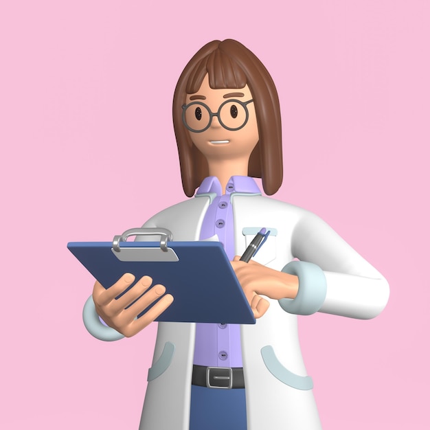 Sonriente linda doctora sosteniendo una tableta y tomando notas Trabajador médico 3D Render