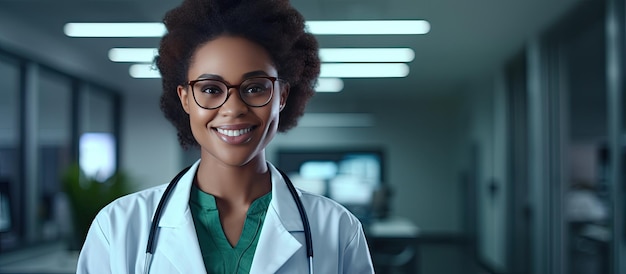 Sonriente médico afroamericano en el consultorio médico Concepto de atención médica seguro médico Espacio de copia disponible