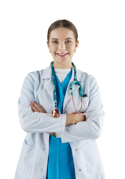 Sonriente médico mujer con estetoscopio aislado sobre fondo blanco.