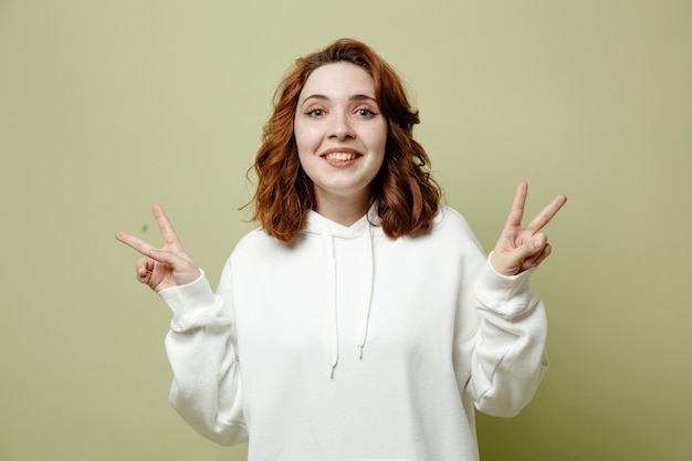 Sonriente mostrando gesto joven vistiendo suéter blanco aislado sobre fondo verde