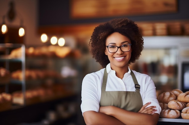 Sonriente mujer afro dueña de un negocio Retrato de pie Generativo Ai