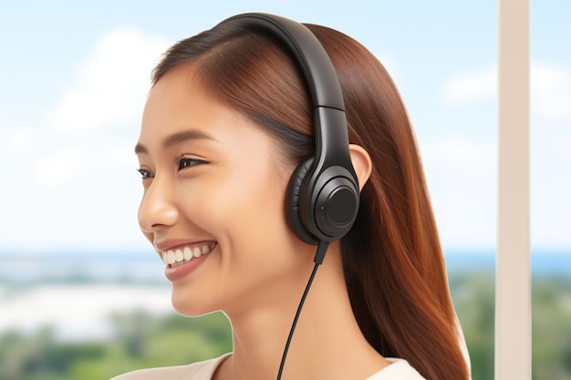 Sonriente mujer asiática escuchando música con auriculares AI generativa