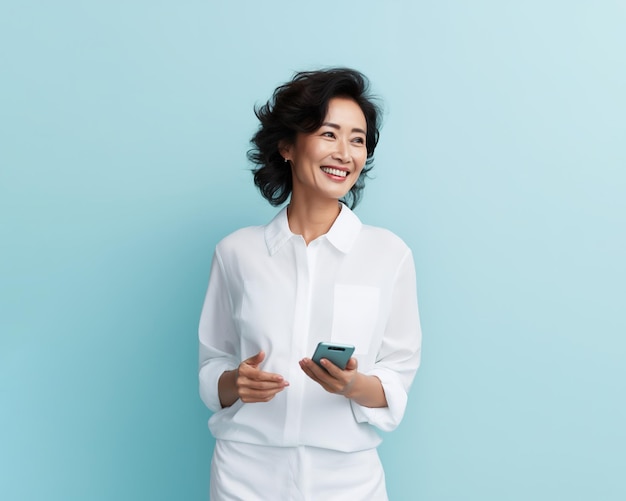 sonriente, mujer asiática, con, smartphone