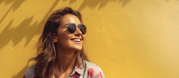 Sonriente mujer caucásica con gafas de sol contra la pared concepto de conciencia y protección