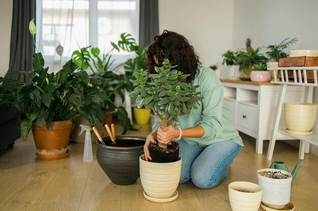 Sonriente mujer joven y maceta con planta feliz trabajo en jardín interior o acogedora oficina en casa con diferentes plantas de interior Feliz jardinera milenaria o florista cuidar de la flor doméstica