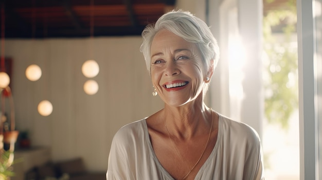 Sonriente mujer madura de mediana edad con estilo y confianza