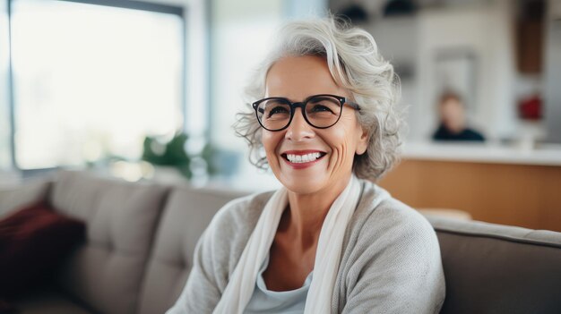 Sonriente mujer madura de mediana edad con estilo y confianza