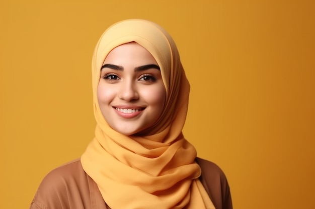 Sonriente mujer musulmana asiática árabe feliz en ropa hijab amarilla aislada sobre fondo amarillo retrato de estudio EAU personas oriente medio islam concepto religioso generativo AI