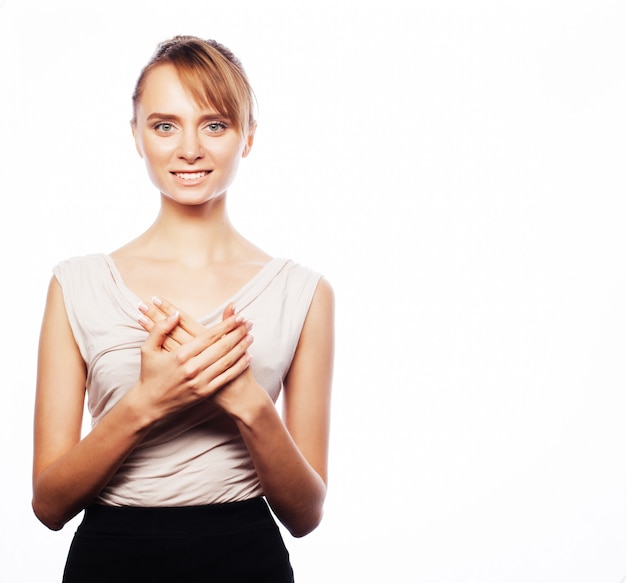 sonriente mujer de negocios bienvenida