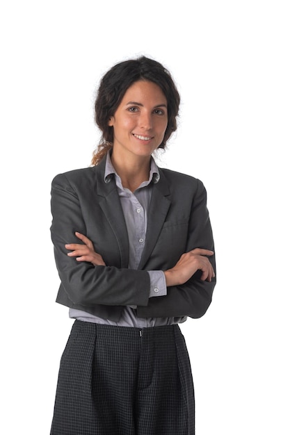 sonriente, mujer de negocios, blanco