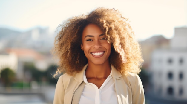 Sonriente mujer negra adulta con cabello rubio lacio Foto retrato de una persona casual en la calle de la ciudad Fotorrealista Ai generado ilustración horizontal