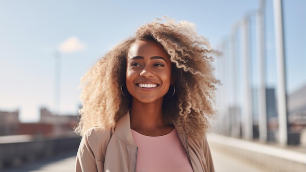 Sonriente mujer negra adulta con cabello rubio lacio Foto retrato de una persona casual en la calle de la ciudad Fotorrealista Ai generado ilustración horizontal