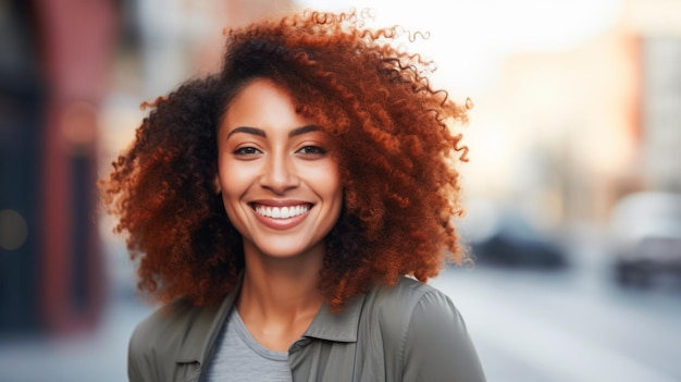 Sonriente mujer negra adulta con pelo rojo rizado Foto retrato de una persona casual en la calle de la ciudad Fotorrealista Ai generado ilustración horizontal