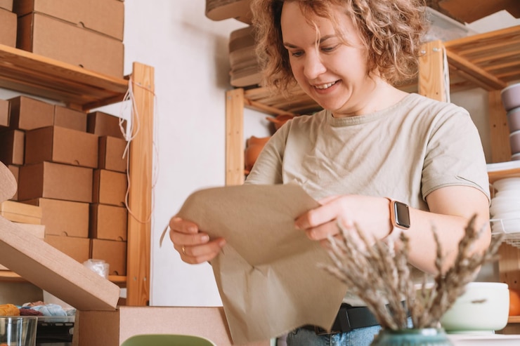 Foto sonriente mujer rizada concentrada empacando y envolviendo el envío con un plato de bebé de silicona en una caja para la entrega trabajar en casa