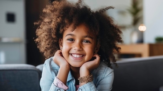 Una sonriente niña afroamericana está sentada en el sofá con un teléfono en las manos