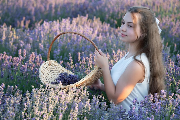 Sonriente niña provenzal en flores de lavanda Adorable niña en lavanda provenzal durante las vacaciones de verano Retrato de una niña en lavanda provenzal Hermosa joven en una lavanda provenzal al atardecer