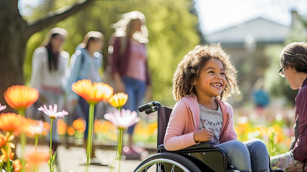 Sonriente niña en silla de ruedas sol de primavera