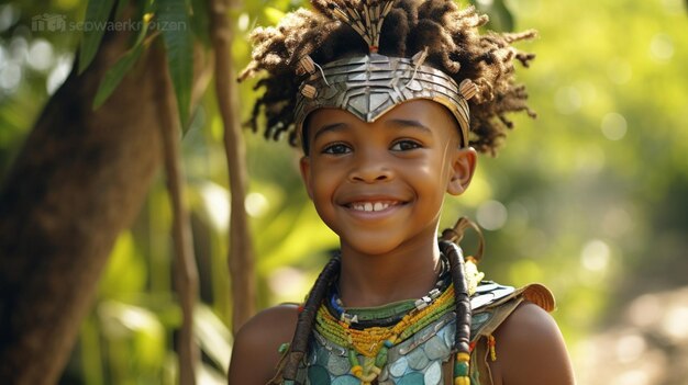 sonriente niño africano de pie al aire libre alegre