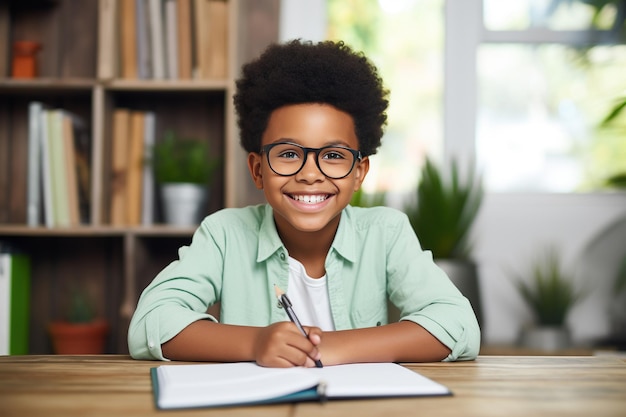 Sonriente niño afroamericano escolar haciendo la tarea mientras está sentado en el escritorio en casa IA generativa