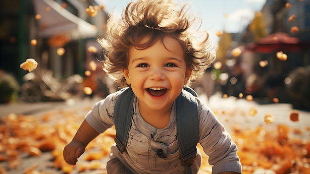 Sonriente niño de primaria está sonriendo y corriendo en el patio de recreo