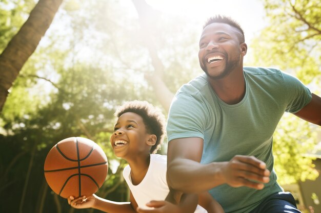 Sonriente padre e hijo afroamericanos jugando baloncesto