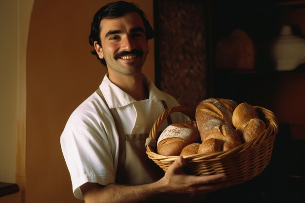 Foto sonriente panadero español parado en la cocina de casa sosteniendo pan en la canasta ai generativo aig21