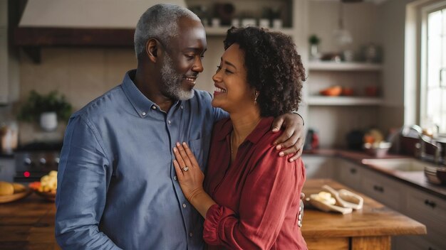 Sonriente pareja amorosa familia de pie en la cocina