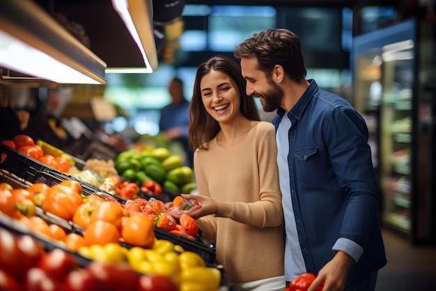 Sonriente pareja brillante comprando productos