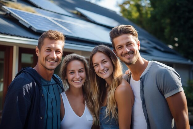 sonriente, pareja joven, en, camino de entrada, de, casa, con, paneles solares