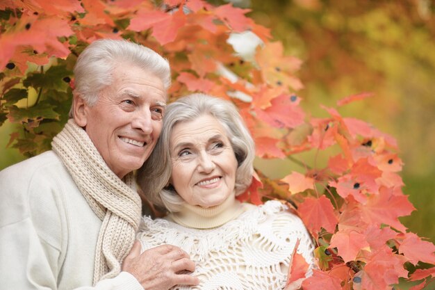 Sonriente pareja senior posando en el parque