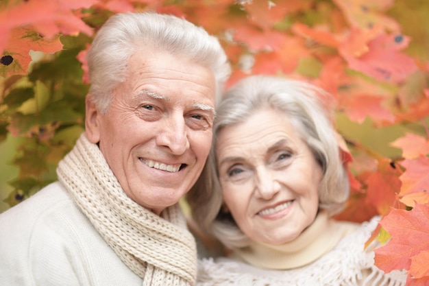 Sonriente pareja senior posando en el parque