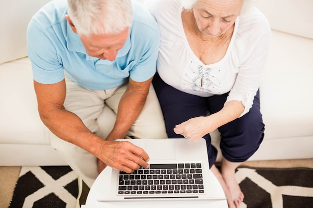 Sonriente pareja senior usando la computadora portátil en casa