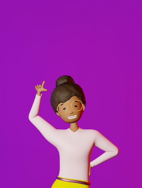 Sonriente personaje afroamericano chica dedo señala diseño de publicidad de espacio vacío sobre fondo púrpura representación 3D