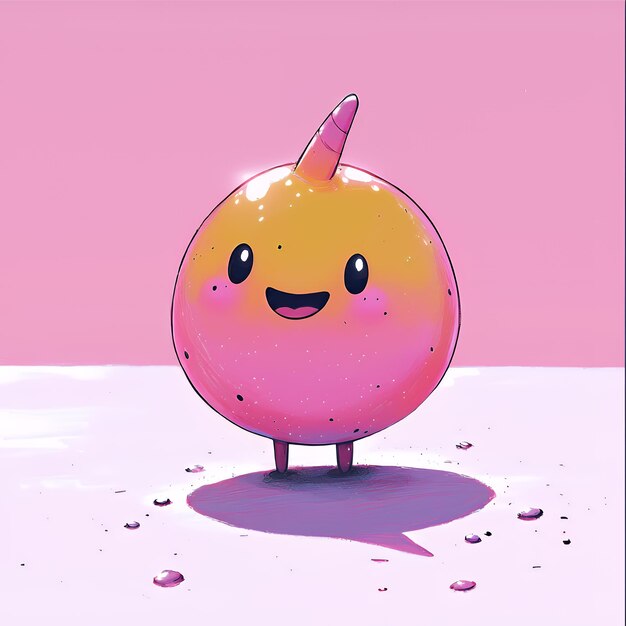 Sonriente personaje de unicornio rosado y amarillo