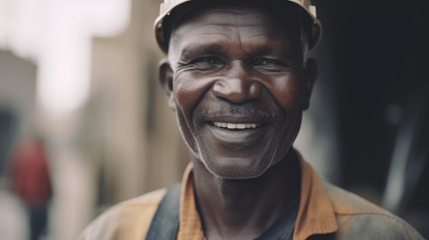 Un sonriente trabajador de la construcción masculino africano de pie en el sitio de construcción