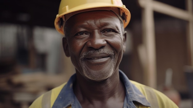 Un sonriente trabajador de la construcción masculino africano de pie en el sitio de construcción