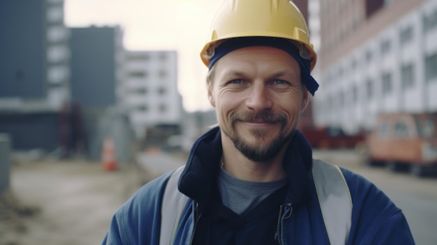Un sonriente trabajador de la construcción masculino sueco de pie en el sitio de construcción