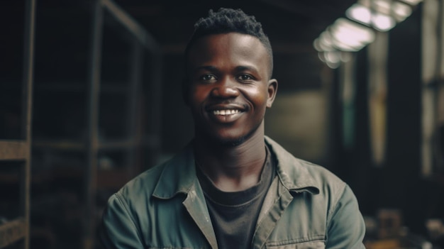 Un sonriente trabajador de fábrica africano parado en una fábrica de láminas de metal