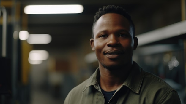 Un sonriente trabajador de una fábrica electrónica masculina africana de pie en la fábrica
