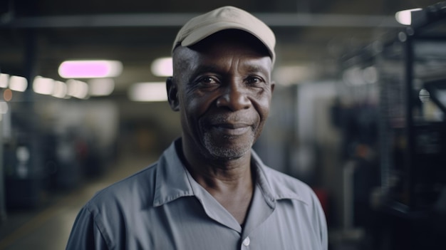 Un sonriente trabajador de una fábrica electrónica masculina africana de pie en la fábrica