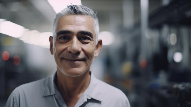 Un sonriente trabajador de una fábrica electrónica masculina hispana de pie en la fábrica