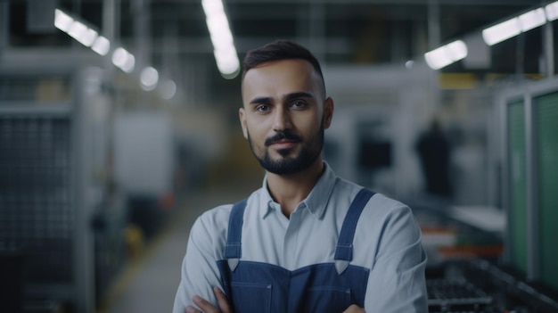 Un sonriente trabajador de fábrica electrónica masculina hispana de pie en la fábrica