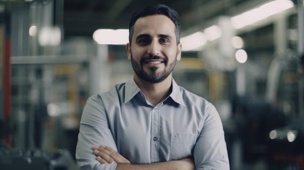 Un sonriente trabajador de fábrica electrónica masculina hispana de pie en la fábrica