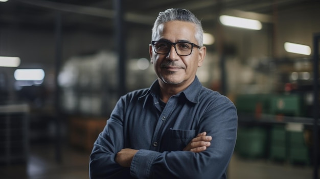 Un sonriente trabajador de una fábrica electrónica masculina hispana de pie en la fábrica