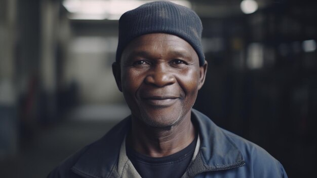 Un sonriente trabajador de fábrica masculino africano de pie en una fábrica de láminas de metal