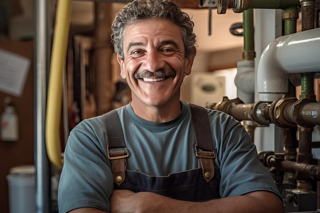 Sonriente trabajador de fontanero sonriente de media longitud con los brazos cruzados