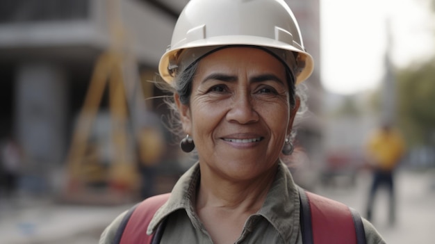 Una sonriente trabajadora de la construcción hispana de alto nivel parada en un sitio de construcción